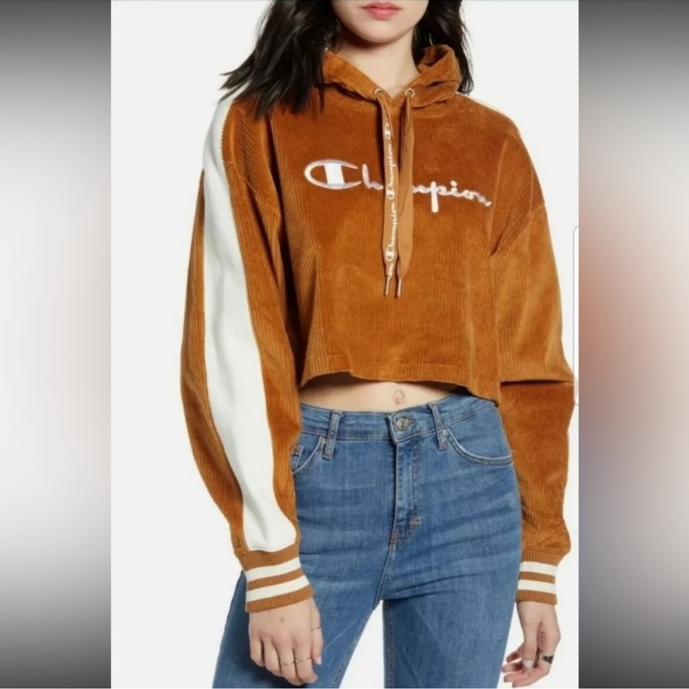 Champion Women's Tan Corduroy Cropped Hoodie